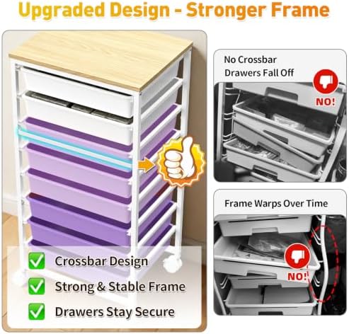 Rolling Cart with 8 Drawers, Craft Art Storage Drawer Cart, Purple, alternate view 3