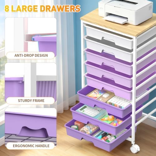 Rolling Cart with 8 Drawers, Craft Art Storage Drawer Cart, Purple, alternate view 5