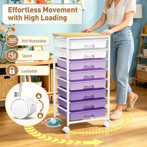 Rolling Cart with 8 Drawers, Craft Art Storage Drawer Cart, Purple, alternate view 6
