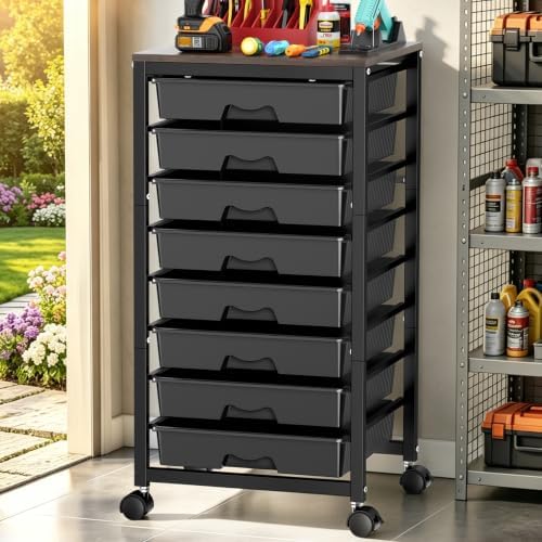 Rolling Cart With 8 Drawers, Storage Drawer Cart for Craft Art, Black in Black