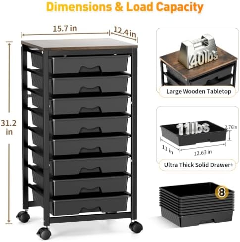 Rolling Cart With 8 Drawers, Storage Drawer Cart for Craft Art, Black in Black, alternate view 2