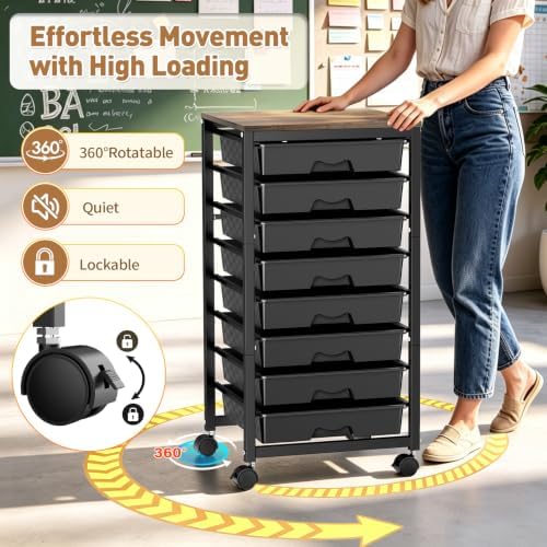 Rolling Cart With 8 Drawers, Storage Drawer Cart for Craft Art, Black in Black, alternate view 6