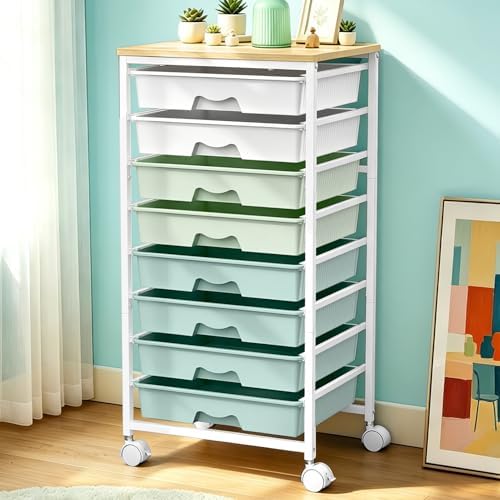 Rolling Cart With 8 Drawers, Storage Drawer Cart for Craft Art, Green in Green