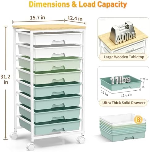 Rolling Cart With 8 Drawers, Storage Drawer Cart for Craft Art, Green in Green, alternate view 2