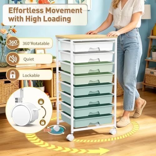 Rolling Cart With 8 Drawers, Storage Drawer Cart for Craft Art, Green in Green, alternate view 6