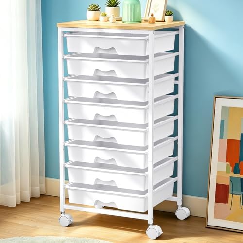 Rolling Cart With 8 Drawers, Storage Drawer Cart for Craft Art, White in White