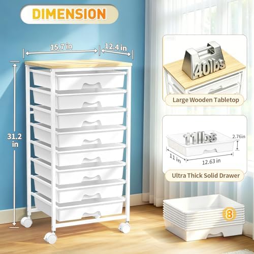 Rolling Cart With 8 Drawers, Storage Drawer Cart for Craft Art, White in White, alternate view 2