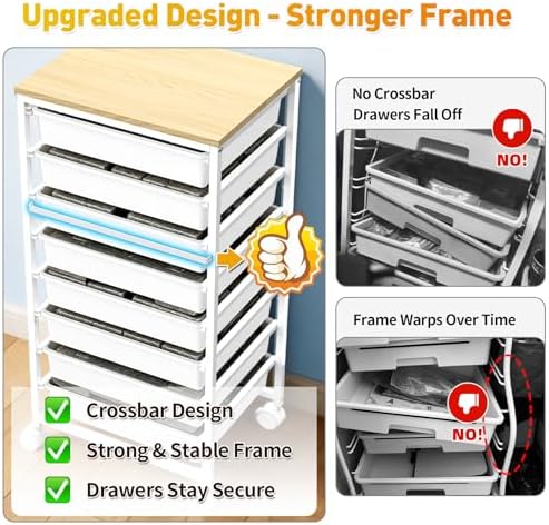 Rolling Cart With 8 Drawers, Storage Drawer Cart for Craft Art, White in White, alternate view 3
