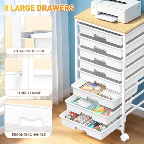 Rolling Cart With 8 Drawers, Storage Drawer Cart for Craft Art, White in White, alternate view 5