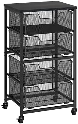Rolling Cart with Drawers, 4-Drawer Storage Cart on Wheels with Wooden Top, Metal Utility Cart with Storage