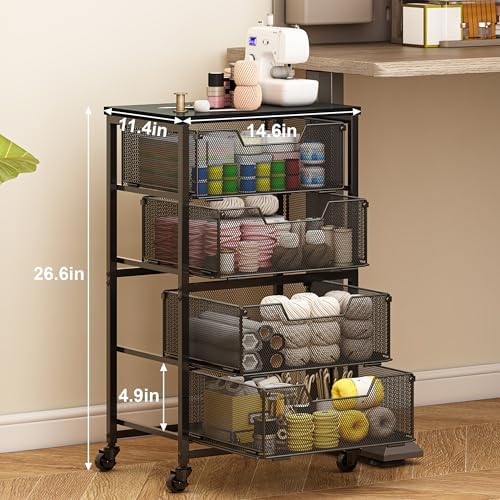 Rolling Cart with Drawers, 4-Drawer Storage Cart on Wheels with Wooden Top, Metal Utility Cart with Storage, alternate view 2