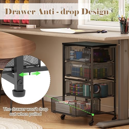 Rolling Cart with Drawers, 4-Drawer Storage Cart on Wheels with Wooden Top, Metal Utility Cart with Storage, alternate view 4