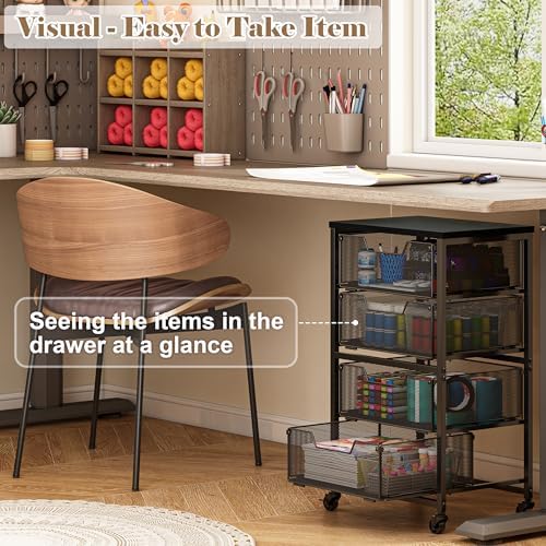 Rolling Cart with Drawers, 4-Drawer Storage Cart on Wheels with Wooden Top, Metal Utility Cart with Storage, alternate view 6