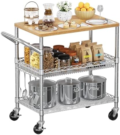 Rolling Kitchen Carts on Wheels, 650Lbs Capacity 3 Tier Utility Cart with Wood Tabletop, Kitchen Storage Cart