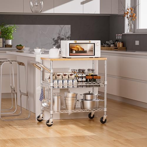 Rolling Kitchen Carts on Wheels, 650Lbs Capacity 3 Tier Utility Cart with Wood Tabletop, Kitchen Storage Cart, alternate view