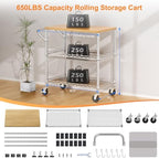 Rolling Kitchen Carts on Wheels, 650Lbs Capacity 3 Tier Utility Cart with Wood Tabletop, Kitchen Storage Cart, alternate view