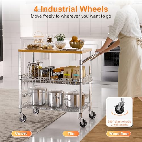 Rolling Kitchen Carts on Wheels, 650Lbs Capacity 3 Tier Utility Cart with Wood Tabletop, Kitchen Storage Cart, alternate view