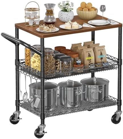 Rolling Kitchen Carts on Wheels, 650Lbs Capacity 3 Tier Utility Cart with Wood Tabletop, Kitchen Storage Cart