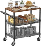 Rolling Kitchen Carts on Wheels, 650Lbs Capacity 3 Tier Utility Cart with Wood Tabletop, Kitchen Storage Cart