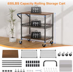 Rolling Kitchen Carts on Wheels, 650Lbs Capacity 3 Tier Utility Cart with Wood Tabletop, Kitchen Storage Cart, alternate view