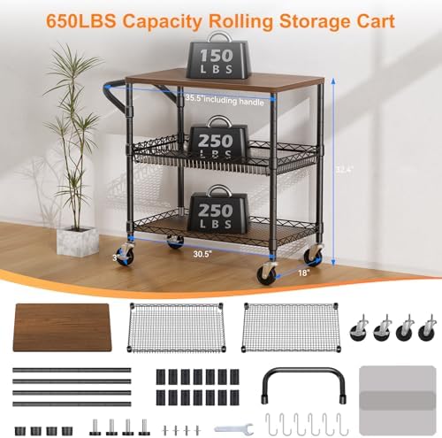 Rolling Kitchen Carts on Wheels, 650Lbs Capacity 3 Tier Utility Cart with Wood Tabletop, Kitchen Storage Cart, alternate view
