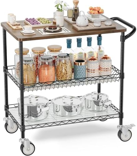 Rolling Kitchen Carts with Wheels, 3-Tier Utility Cart with Wood Tabletop