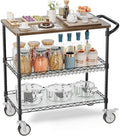 Rolling Kitchen Carts with Wheels, 3-Tier Utility Cart with Wood Tabletop