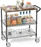 Rolling Kitchen Carts with Wheels, 3-Tier Utility Cart with Wood Tabletop