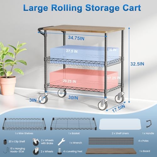 Rolling Kitchen Carts with Wheels, 3-Tier Utility Cart with Wood Tabletop, alternate view 2
