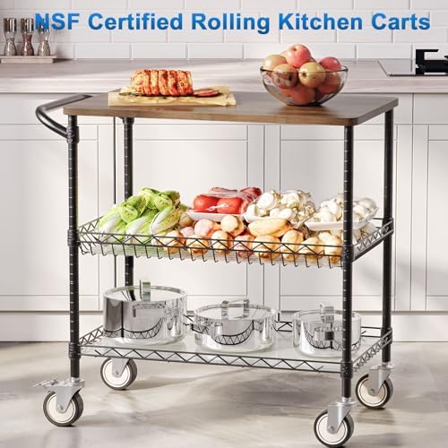 Rolling Kitchen Carts with Wheels, 3-Tier Utility Cart with Wood Tabletop, alternate view 3