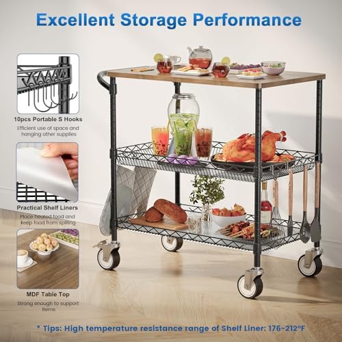 Rolling Kitchen Carts with Wheels, 3-Tier Utility Cart with Wood Tabletop, alternate view 6
