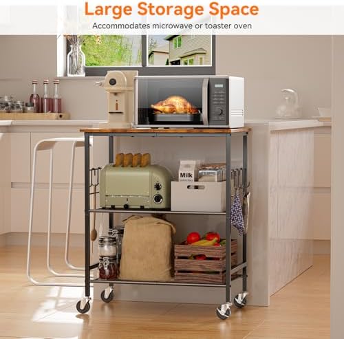 Rolling Kitchen Microwave Cart, 3 Tier Microwave Stand with Storage, Small Kitchen Island on Wheels, Kitchen, alternate view