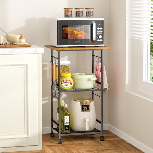 Rolling Kitchen Microwave Cart, 3 Tier Microwave Table Stand with Adjustable Shelf, Kitchen Storage Rack on