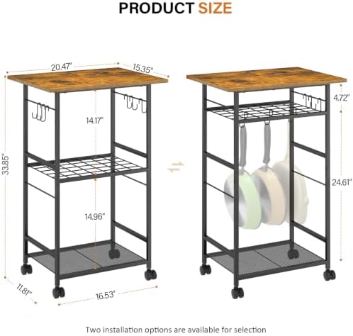 Rolling Kitchen Microwave Cart, 3 Tier Microwave Table Stand with Adjustable Shelf, Kitchen Storage Rack on, alternate view 2