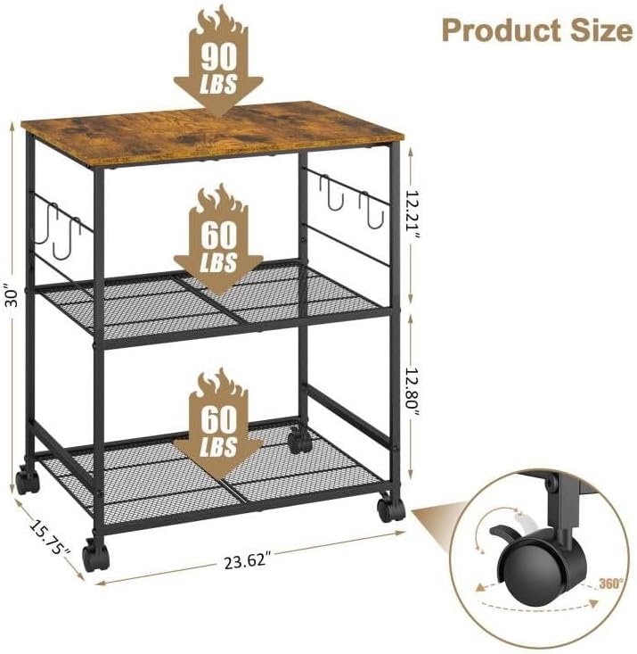 Rolling Kitchen Microwave Cart, 3 Tier Microwave Table Stand with Storage, Kitchen Utility Cart on Lockable, alternate view 2