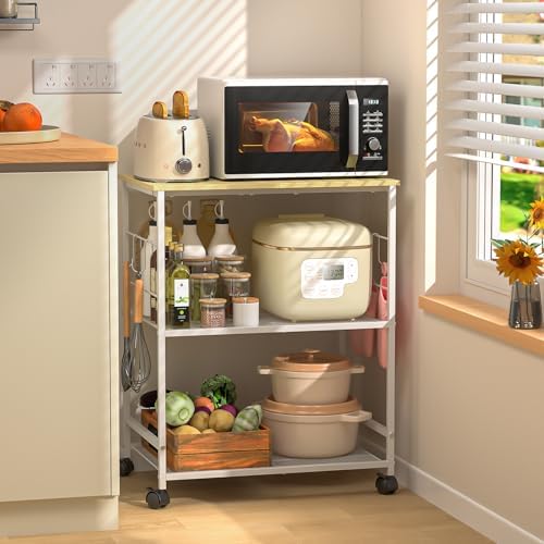 Rolling Kitchen Microwave Cart, 3 Tier Microwave Table Stand with Storage, Kitchen Utility Cart on Lockable