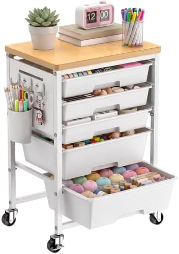 Rolling Storage Cart with 5 Drawers, Pegboards, Wooden Top, Bins, White in White