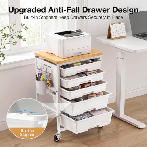 Rolling Storage Cart with 5 Drawers, Pegboards, Wooden Top, Bins, White in White, alternate view 3