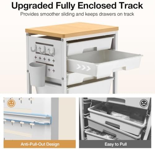 Rolling Storage Cart with 5 Drawers, Pegboards, Wooden Top, Bins, White in White, alternate view 4