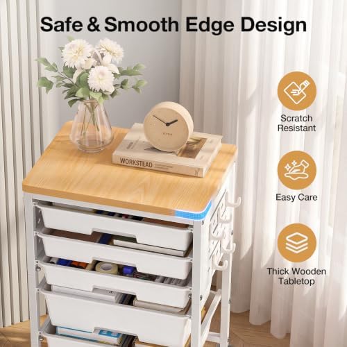 Rolling Storage Cart with 5 Drawers, Pegboards, Wooden Top, Bins, White in White, alternate view 6