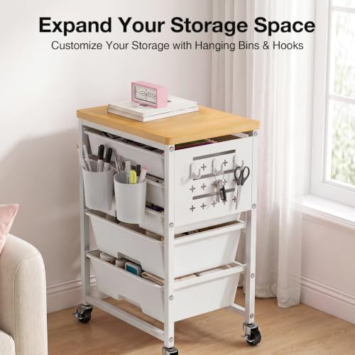Rolling Storage Cart with 5 Drawers, Pegboards, Wooden Top, Bins, White in White, alternate view 7