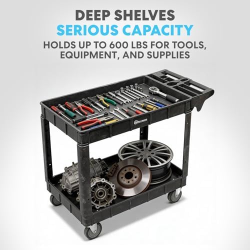 Rolling Utility Cart on Wheels, Heavy Duty with Ergonomic Handle, Deep Shelves for Garage, Warehouse, Workshop, alternate