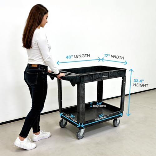 Rolling Utility Cart on Wheels, Heavy Duty with Ergonomic Handle, Deep Shelves for Garage, Warehouse, Workshop, alternate