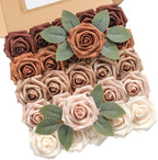 Rose Artificial Flowers 25pcs Shades of Earth Tones Ombre Colors Foam Fake Roses with Stems for DIY Wedding