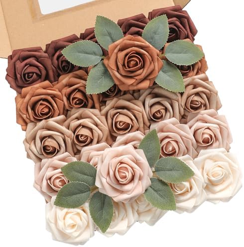 Rose Artificial Flowers 25pcs Shades of Earth Tones Ombre Colors Foam Fake Roses with Stems for DIY Wedding