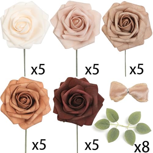 Rose Artificial Flowers 25pcs Shades of Earth Tones Ombre Colors Foam Fake Roses with Stems for DIY Wedding, alternate view 3