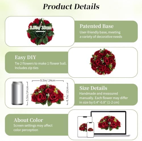 Rose Flower Balls for Table Centerpieces, Crimson, 2 Pcs, Reusable in 9.5"x4.7" in Crimson, alternate view 5