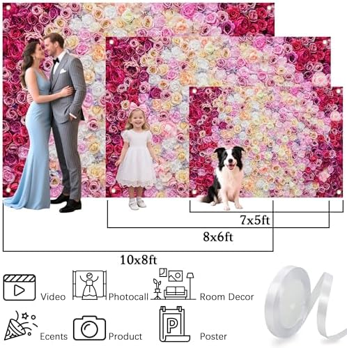 Rose Flower Wall Backdrop 10X8 ft Large Floral Photography Background for Indoor Outdoor Wedding Party Bridal, alternate view