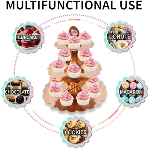 Rose Gold 3 Tier Cupcake Stand, Holds 24 Cupcakes, Cardboard Tower for Parties & Showers (1 Pack) in Rose Gold 1, alternate