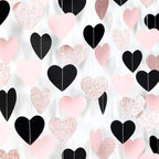 Rose-Gold Black-Pink Valentines Party-Decorations Heart-Garland - 52ft Glitter Galentines Hanging Streamers